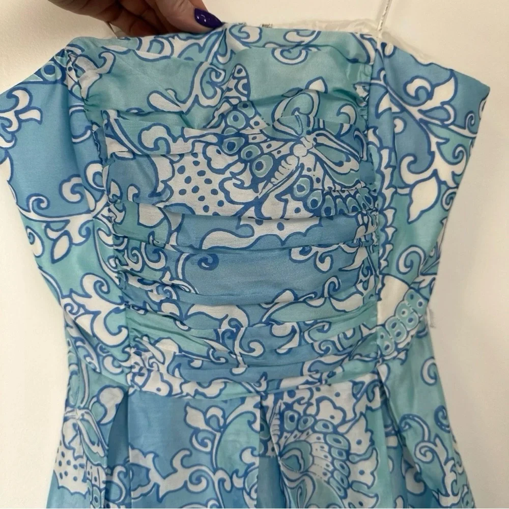 Lily Pulitzer Angelette Dress Size‎ 0 Strapless Blue White Silk Butterfly Floral - Picture 3 of 8
